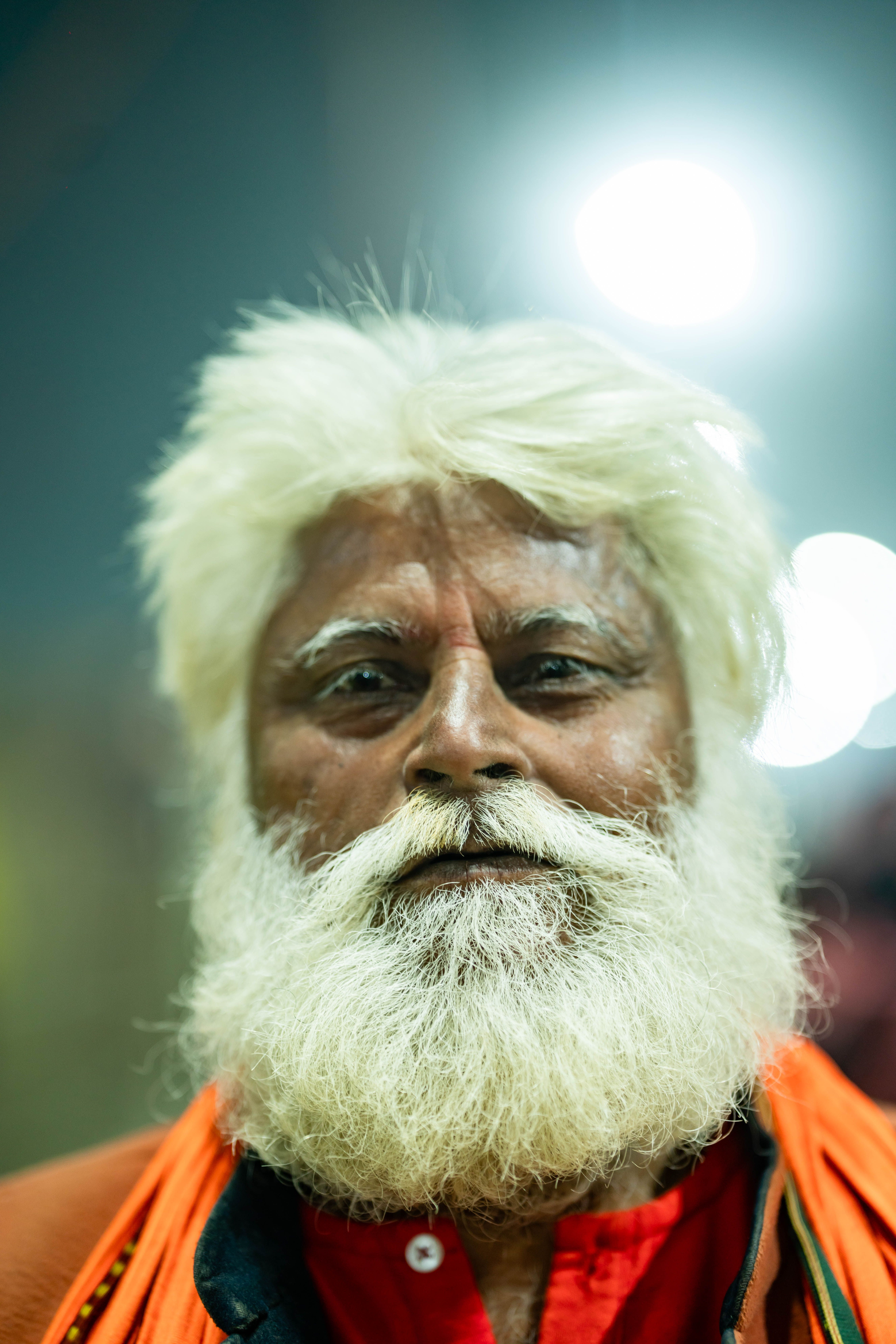 Close-up portrait of an elderly Sadhu with white hair and beard attending Kumbh Mela in Prayagraj.