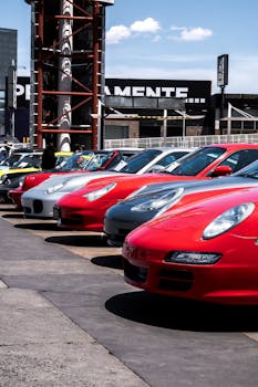 Line of exotic sports cars parked outdoors in a modern urban area under clear blue skies.