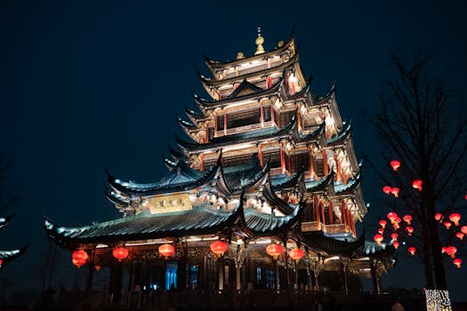 Stunning night view of a traditional Chinese building adorned with red lanterns in Chongqing, China.