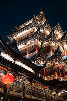 Night view of a beautifully lit traditional Chinese building in Chongqing, China.