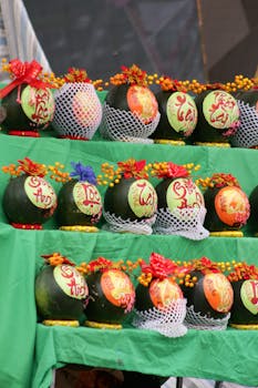 Watermelons with Vietnamese calligraphy art and decorations on display, symbolizing good luck.