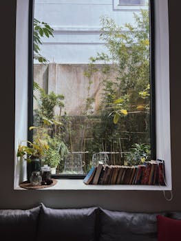 A tranquil indoor setting with a view of a lush garden, featuring books on the windowsill in Đà Lạt, Việt Nam.