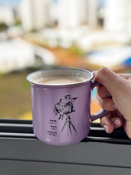 Hand holding a purple mug with coffee near a window, blurred urban background.