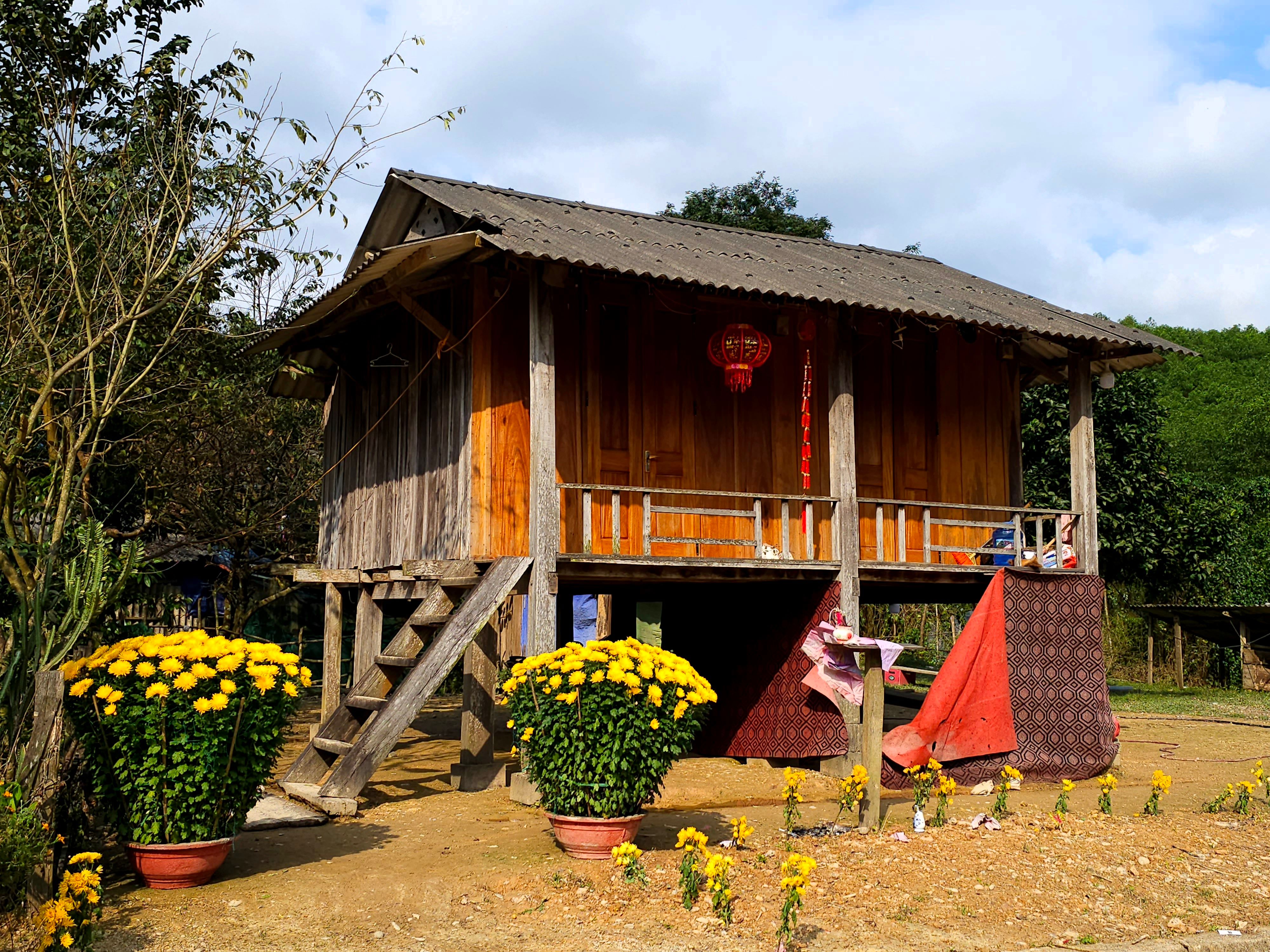 Casa tradicional de madera sobre pilotes usada como homestay en Vietnam