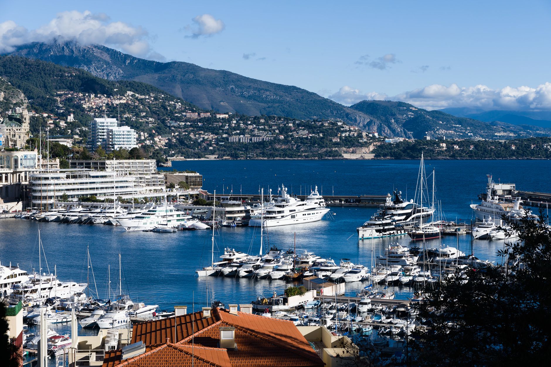 Breathtaking view of Monaco marina with luxurious yachts and scenic backdrop.