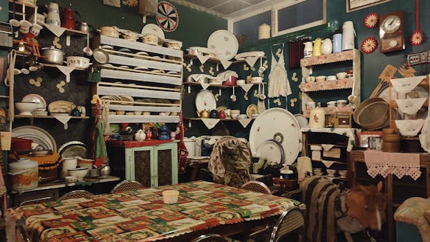 Charming vintage kitchen filled with retro decor and antique dishware, radiating a warm, nostalgic atmosphere.