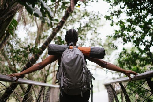 Free A woman with a backpack enjoys a scenic hike on a forested trail, embracing nature's wonders. Stock Photo