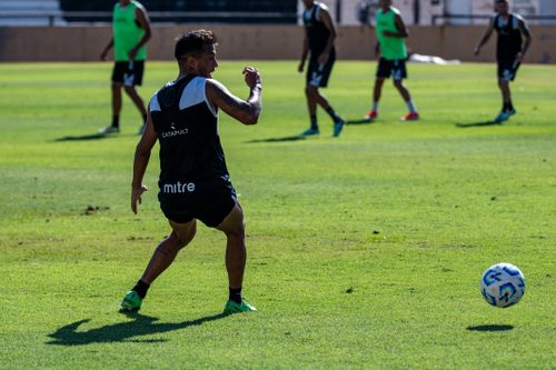 Free Players training on a sunny day on a green soccer field. Stock Photo