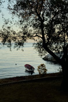 Tranquil scene of a lone boat on a lake at sunset, framed by silhouette of trees.