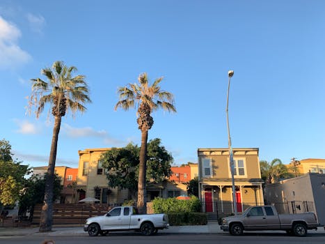 Suburban street view with palm trees, residential houses, and parked trucks.