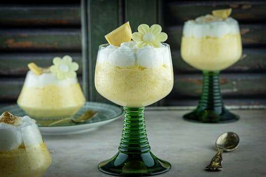 Delicious artisan lemon mousse in stylish glassware with intricate decorative toppings, perfect for gourmet dessert enthusiasts.