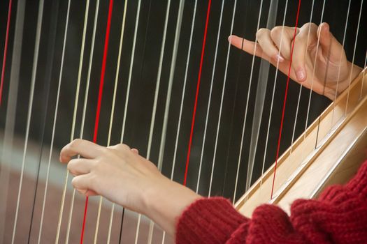 Hands gently plucking strings of a harp, capturing the essence of music and elegance.