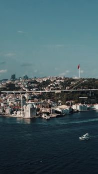 Scenic aerial view of Bosphorus Strait and Istanbul with Bosphorus Bridge in Türkiye.
