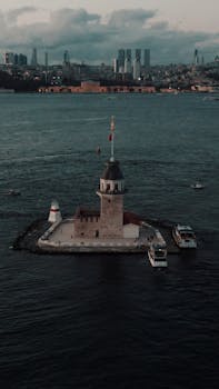 Aerial view of Maiden's Tower in Istanbul with cityscape backdrop, perfect for travel visuals.