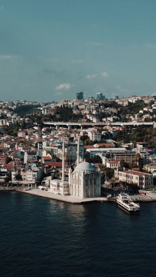 Free Stunning aerial view of Istanbul's Ortaköy Mosque by the Bosphorus with cityscape backdrop. Stock Photo