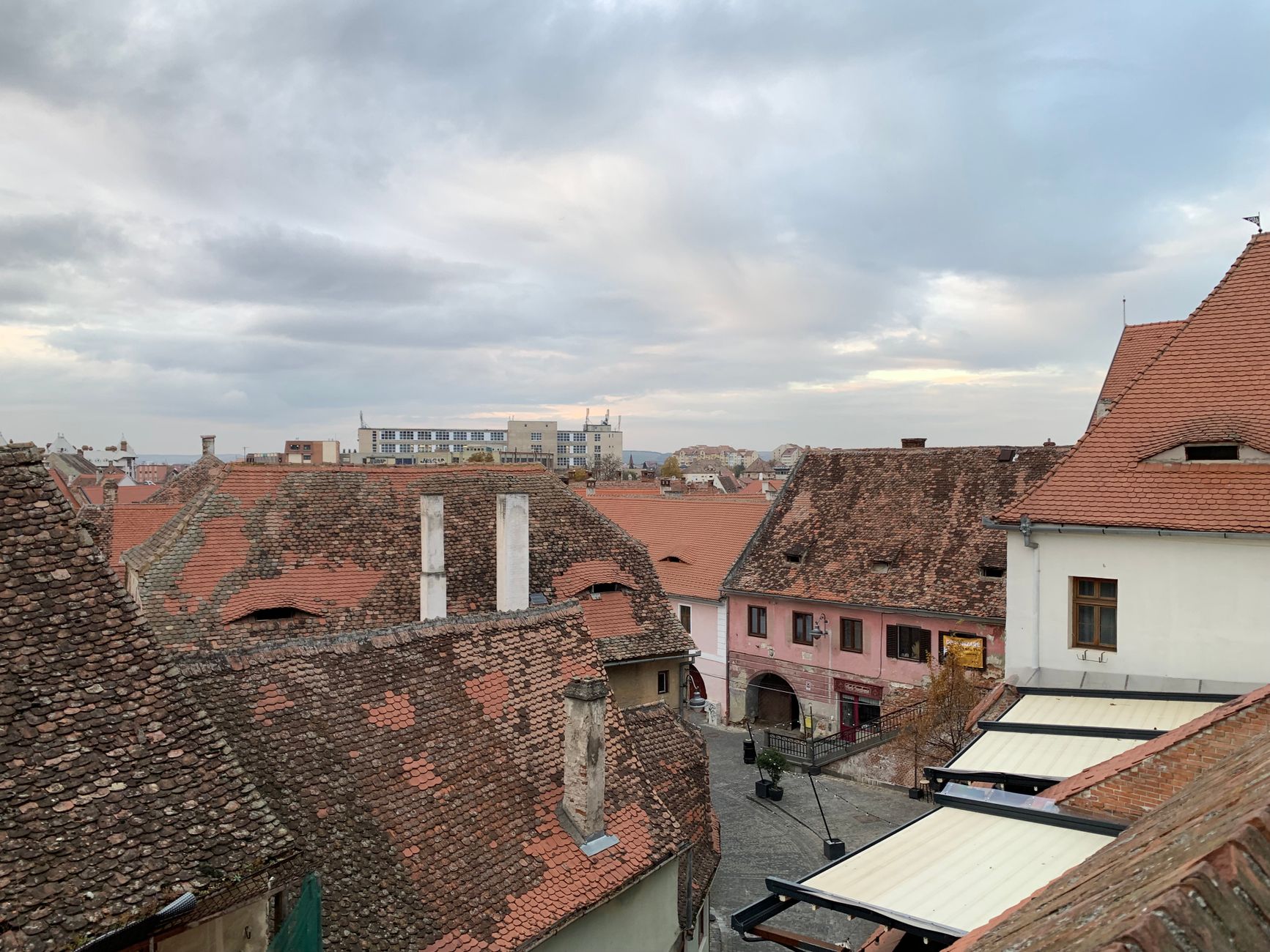 Historic 'eye' rooftops and church tower in Sibiu's old town, Transylvania