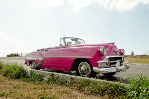 A vibrant pink vintage convertible car parked by a scenic coastal road, showcasing classic automotive elegance.