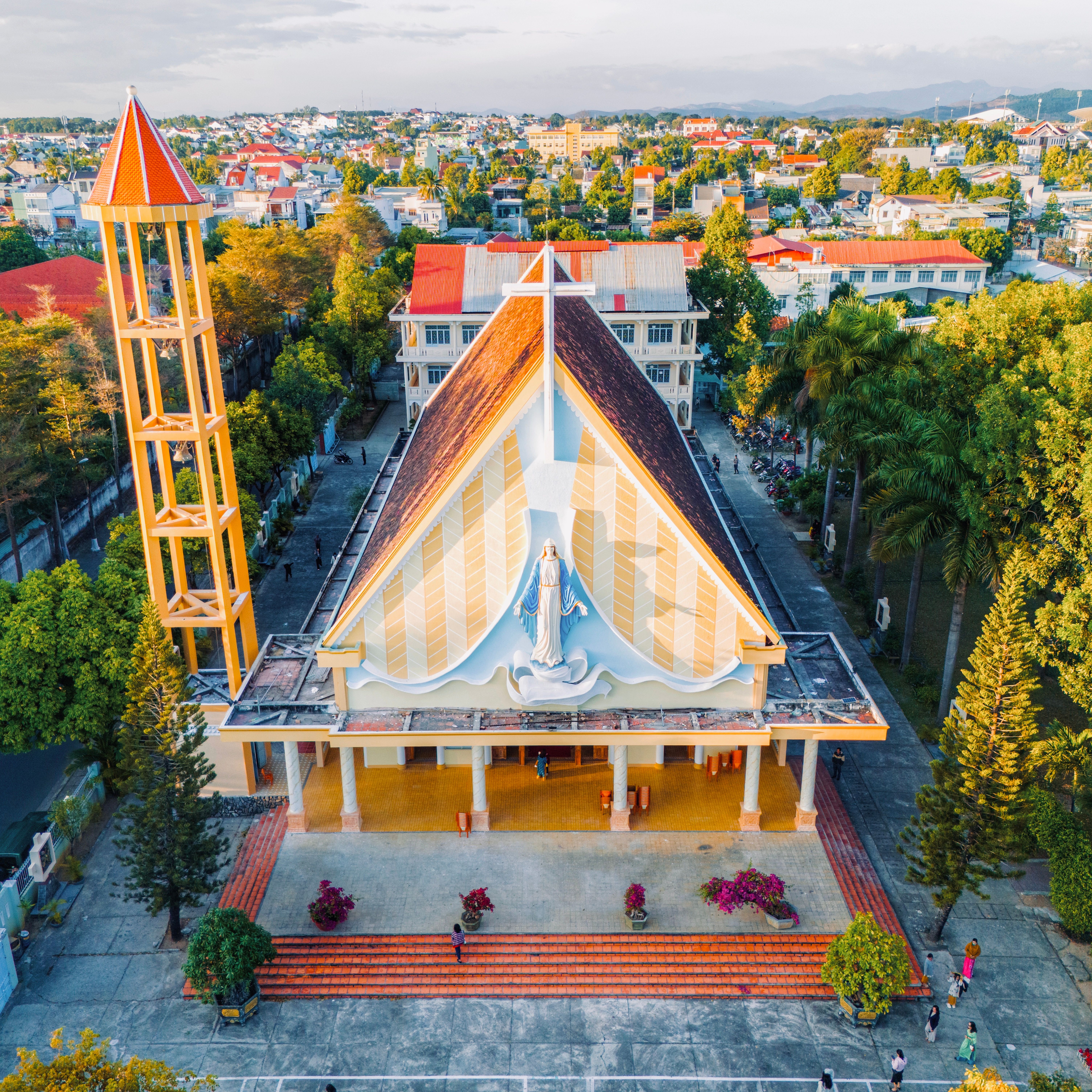 Aerial view of Phuong Nghia Church in vibrant Kon Tum, Vietnam.