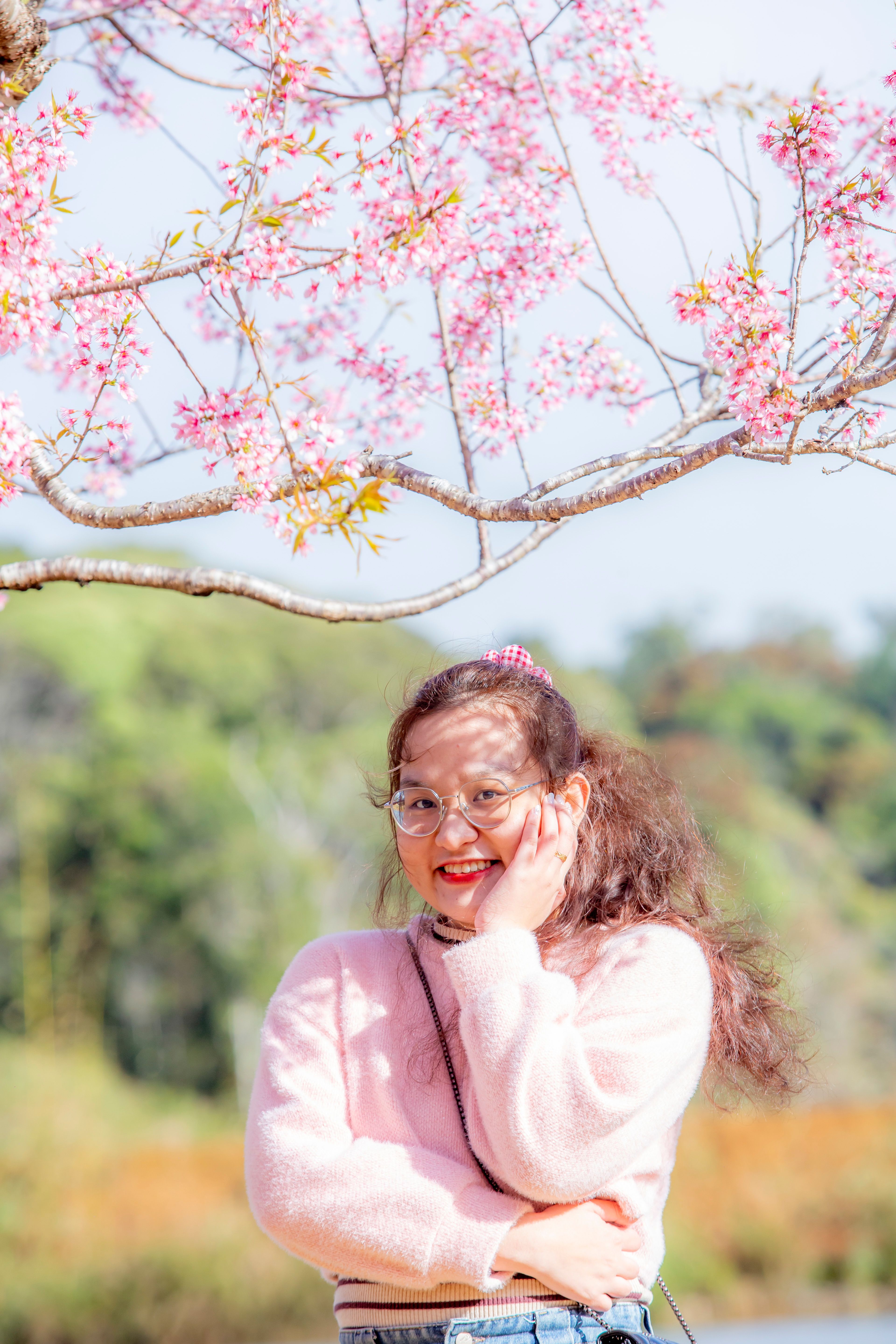 Smiling woman poses under vibrant cherry blossoms in Mang Den, Vietnam.