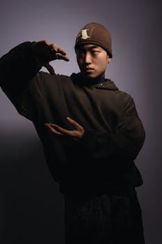 Cinematic portrait of a young man in streetwear, showcasing moody tones and dramatic lighting.