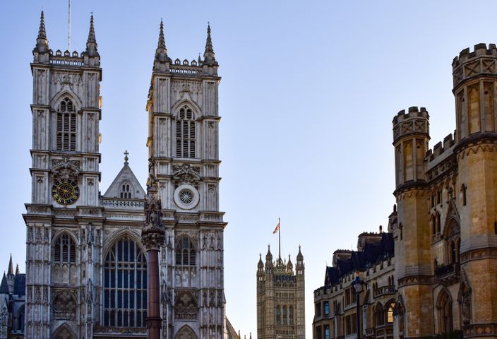 A captivating view of Westminster Abbey and surrounding historic architecture in London, England.