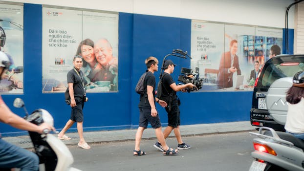 Film crew using professional camera equipment on a busy urban street scene.