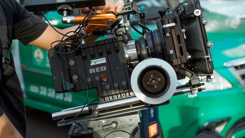 Close-up of a professional cinema camera rig on a film set