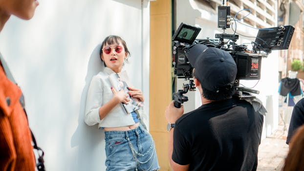 时装模特在户外与摄制组一起进行专业拍摄时摆姿势