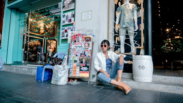 一位时尚女性坐在城市的人行道上，背景是杂志和店面