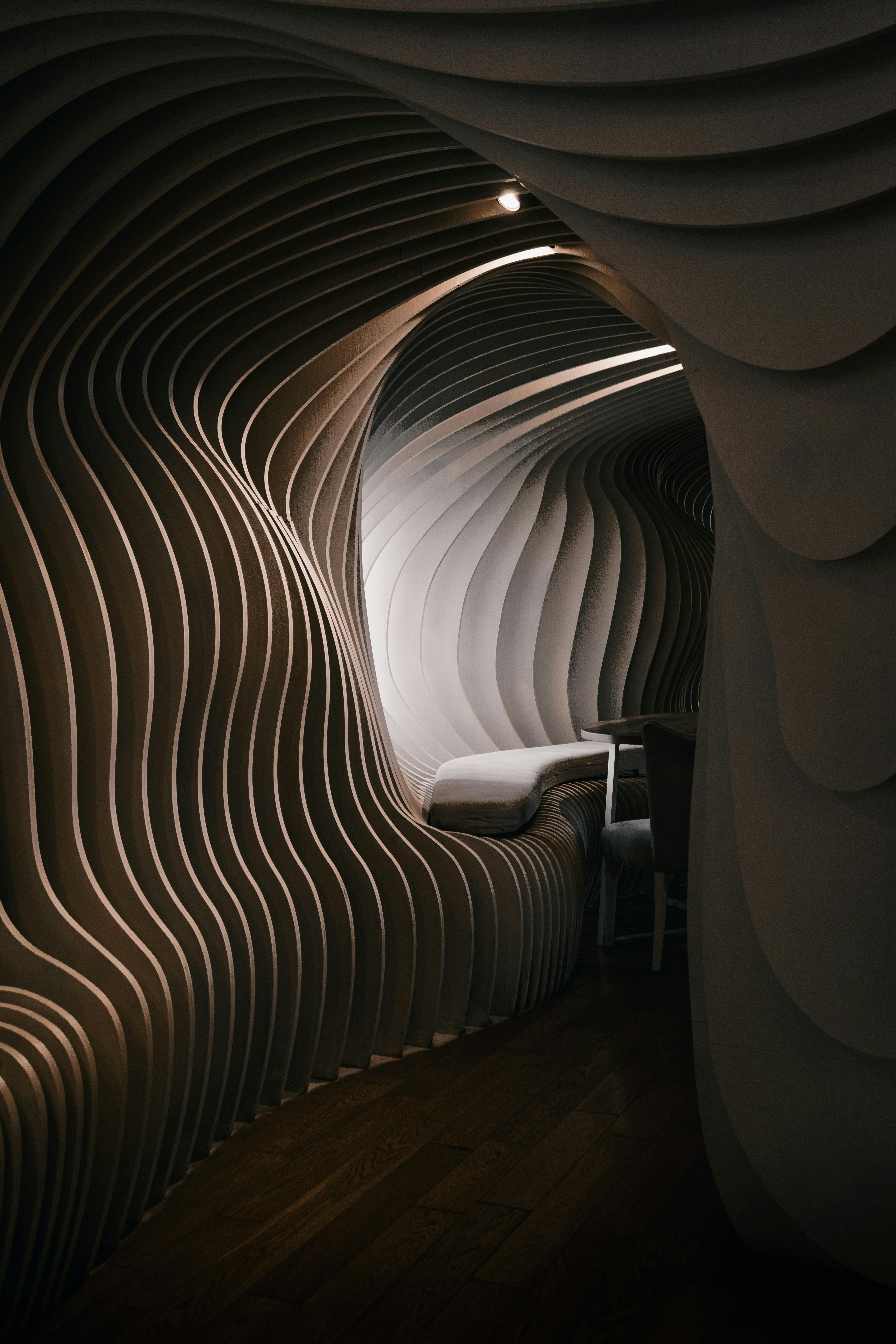 Stylish interior showcasing abstract architectural elements in Buenos Aires cafe.