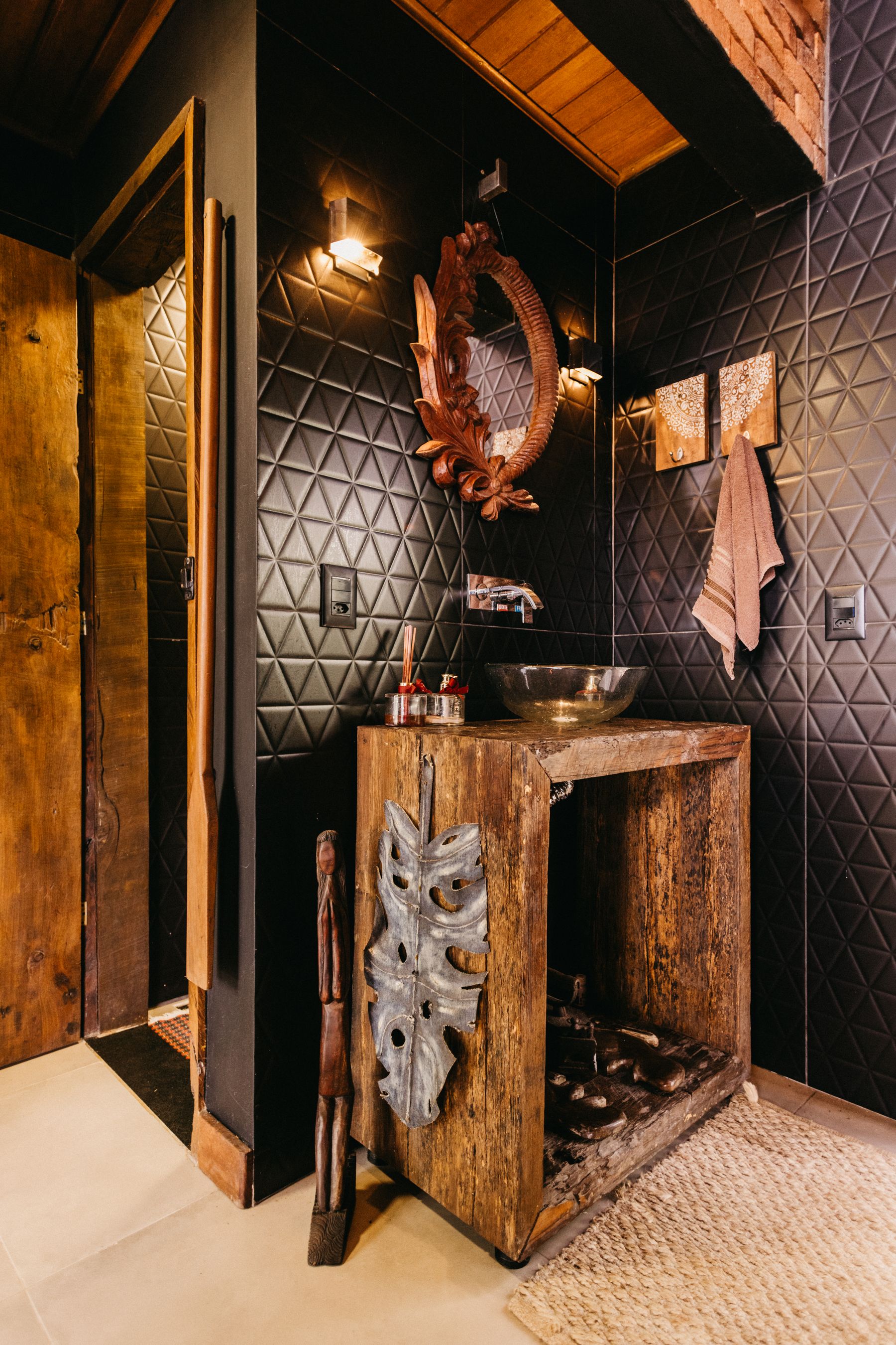 Rustic bathroom vanity with textured natural materials and substantial basin