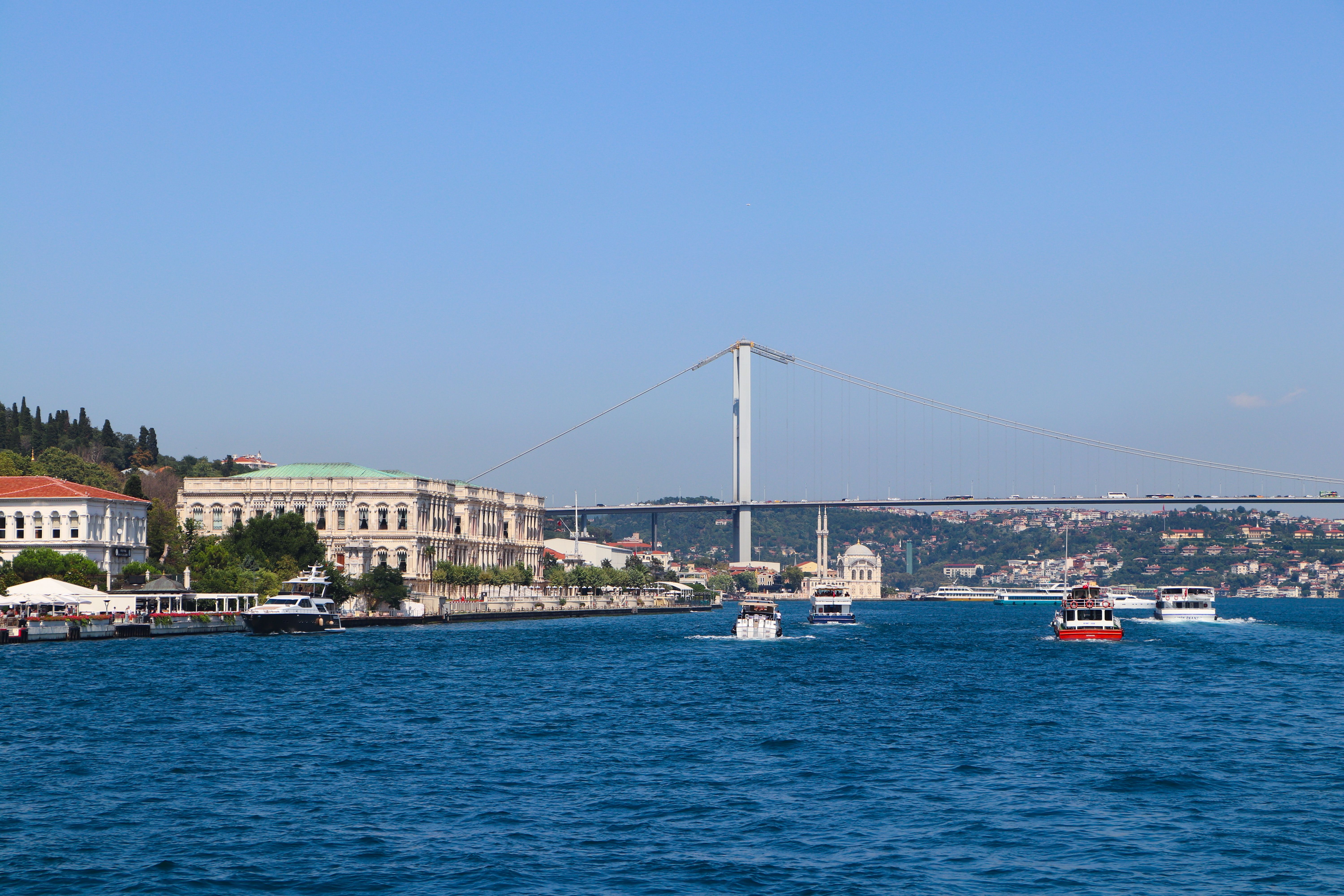 Panoramic view of Bosphorus Bridge and waterfront buildings in Istanbul, Türkiye.