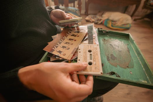 Hands holding vintage cassette and photographs evoke nostalgia and retro vibes.