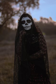 黄昏时分，一位化着骷髅妆、戴着深色面纱的神秘女子在户外展现了万圣节精神