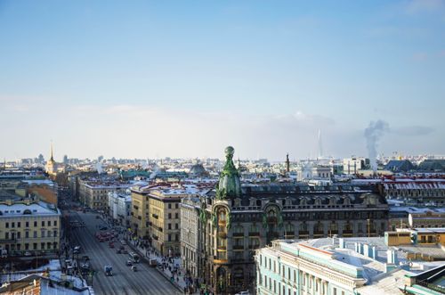 Free Stunning aerial view of Saint Petersburg cityscape featuring historic architecture and snowy rooftops. Stock Photo