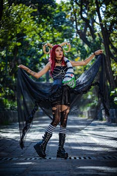 Creative cosplay with horns and black dress outdoors in a forested park.