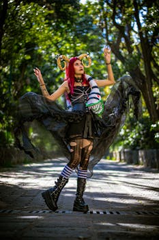 Artistic cosplay in Mexico City's park, featuring horned costume and black dress.