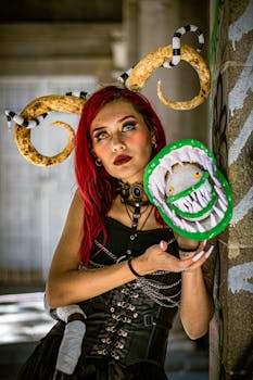 Creative cosplay featuring artistic makeup, horns, and a monster mask in Mexico City.