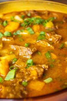 Hearty beef stew with potatoes and green onions, showcasing Brazilian flavors.