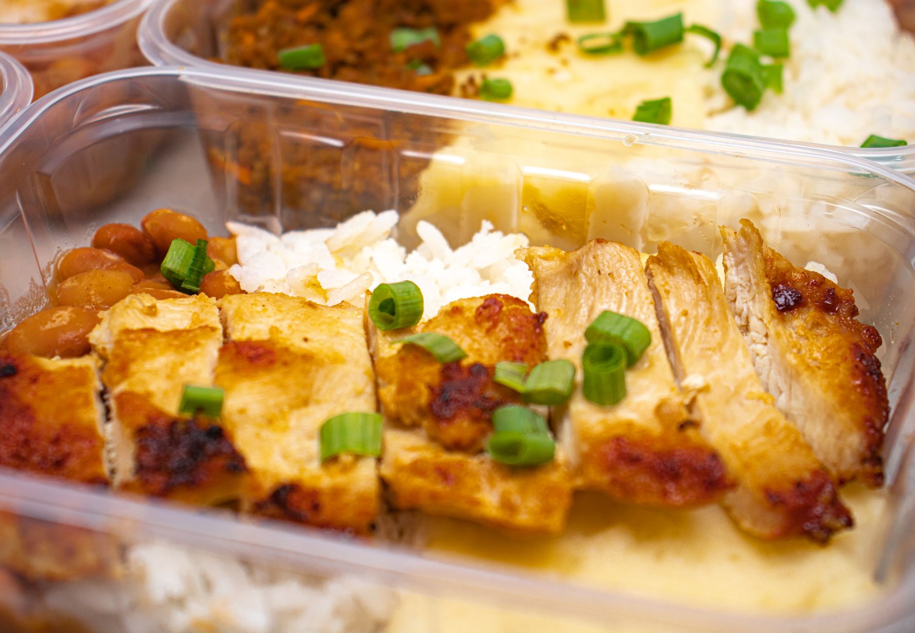 Close-up of a grilled chicken meal in a plastic container, garnished with green onions.