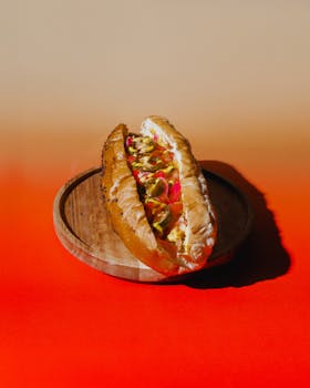 Tasty hot dog with toppings served on a wooden plate against a vibrant backdrop.