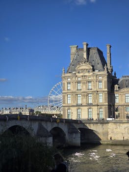 View of the Louvre Palace and Ferris Wheel against a clear blue sky in Paris, France.