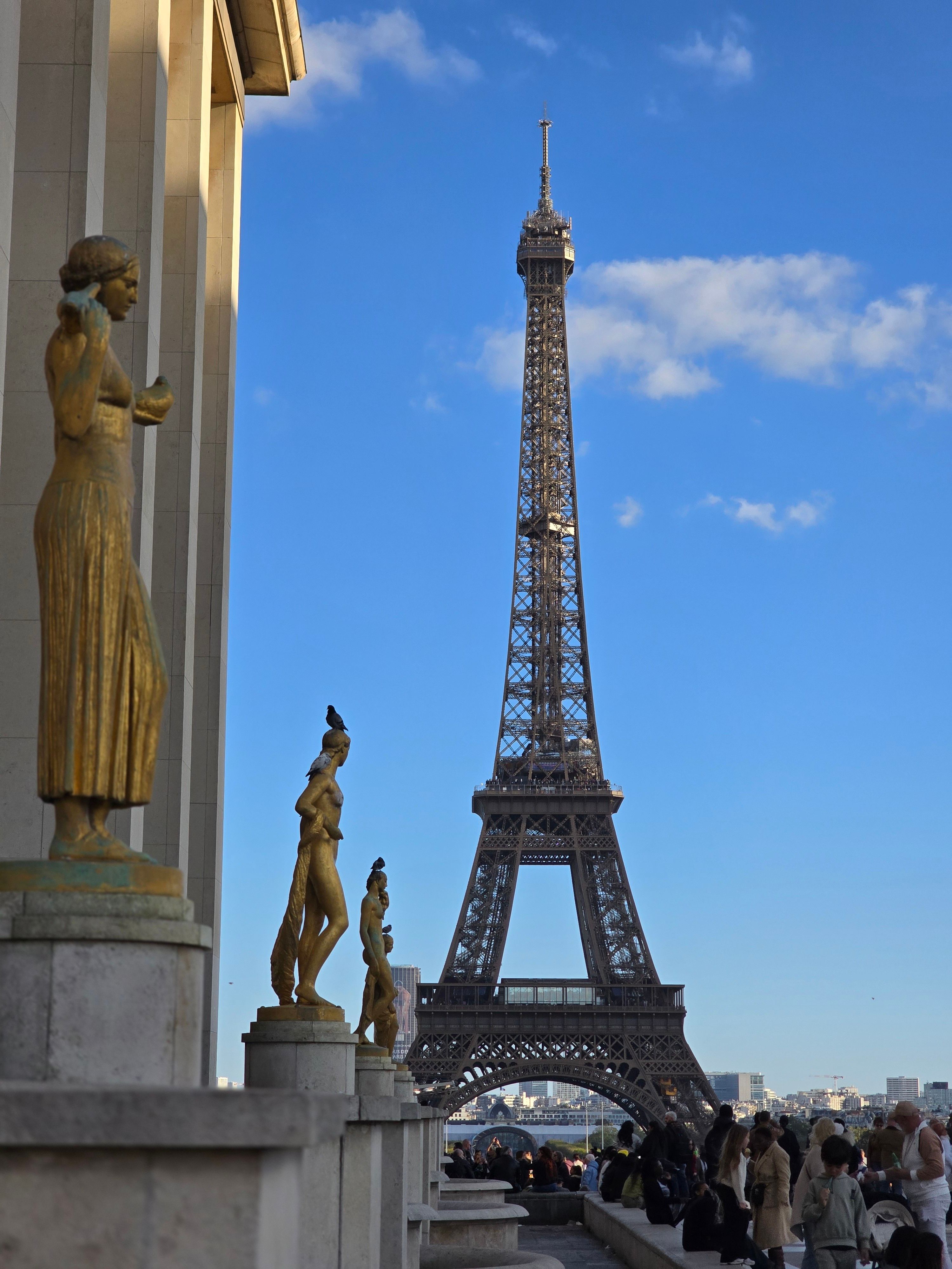 Eiffel Tower captured from Trocadu00e9ro with statues, clear day view.