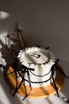 Elegant black and white birthday cake with candles and ribbons, perfect for celebrations in İstanbul.