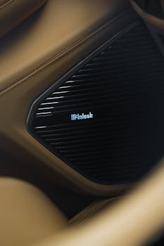 Detailed view of a premium McIntosh speaker in a luxury car's interior.