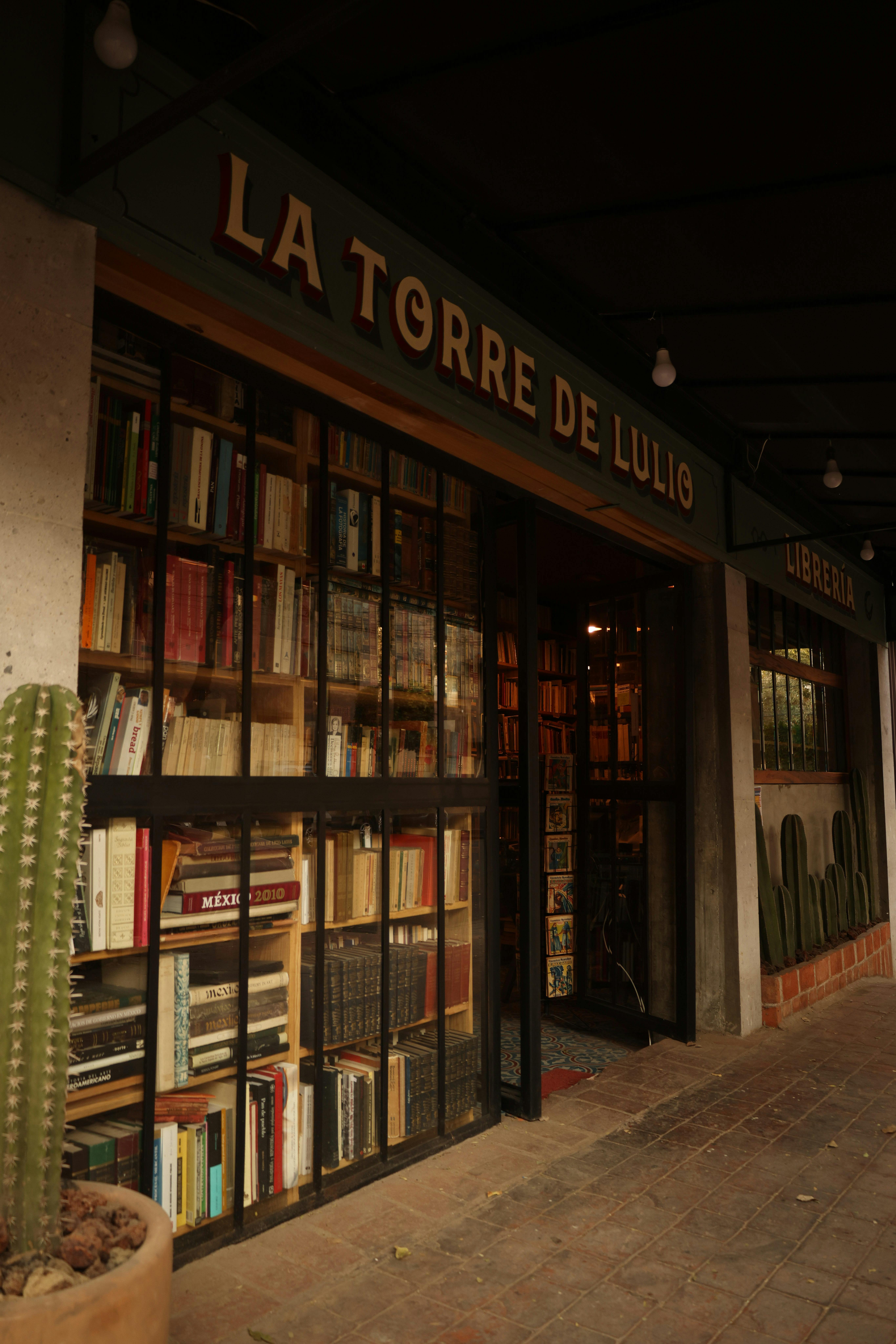 charming bookstore facade with cactus