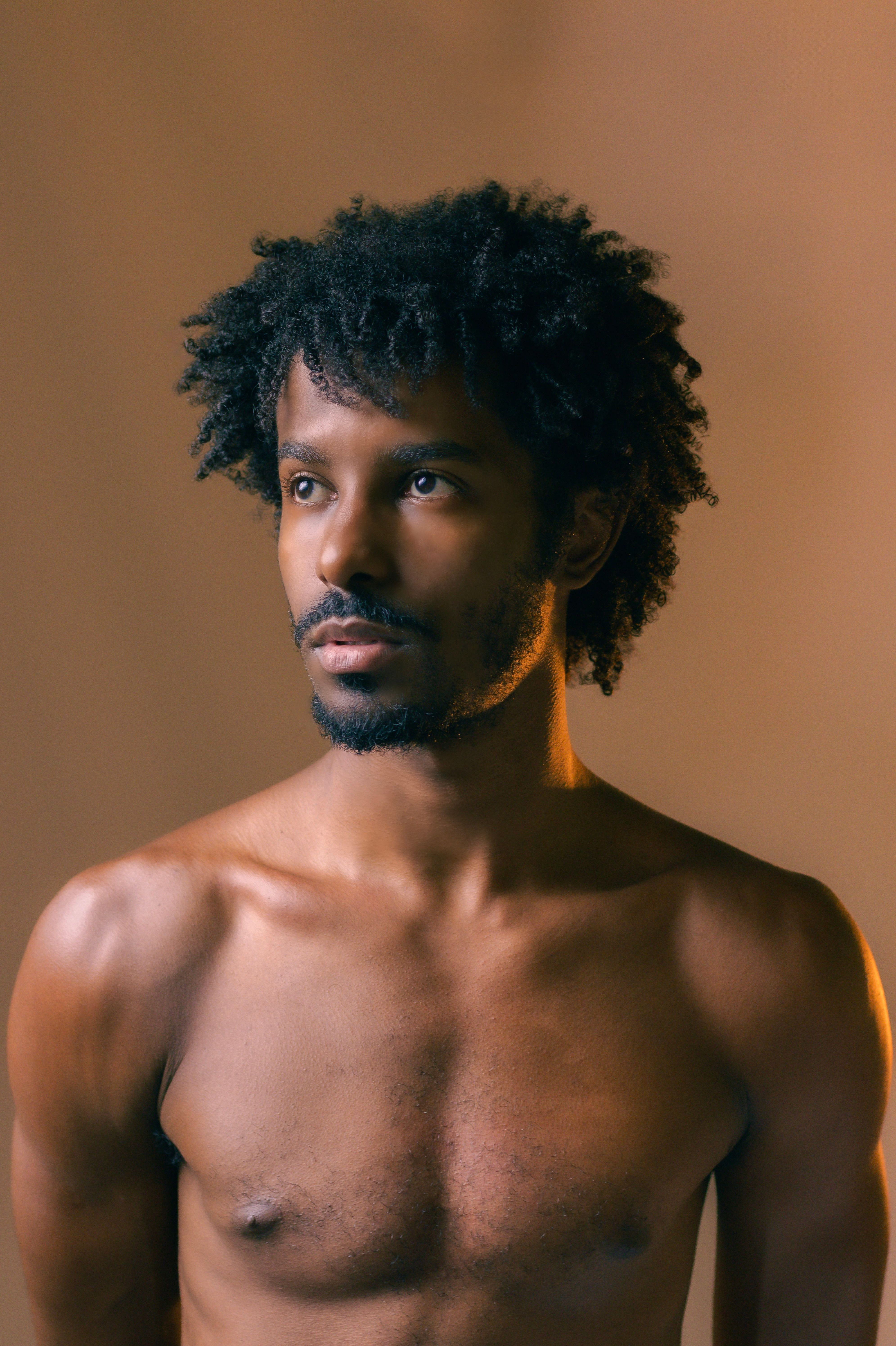 A thoughtful portrait of a young man with natural curls, highlighted by warm lighting.