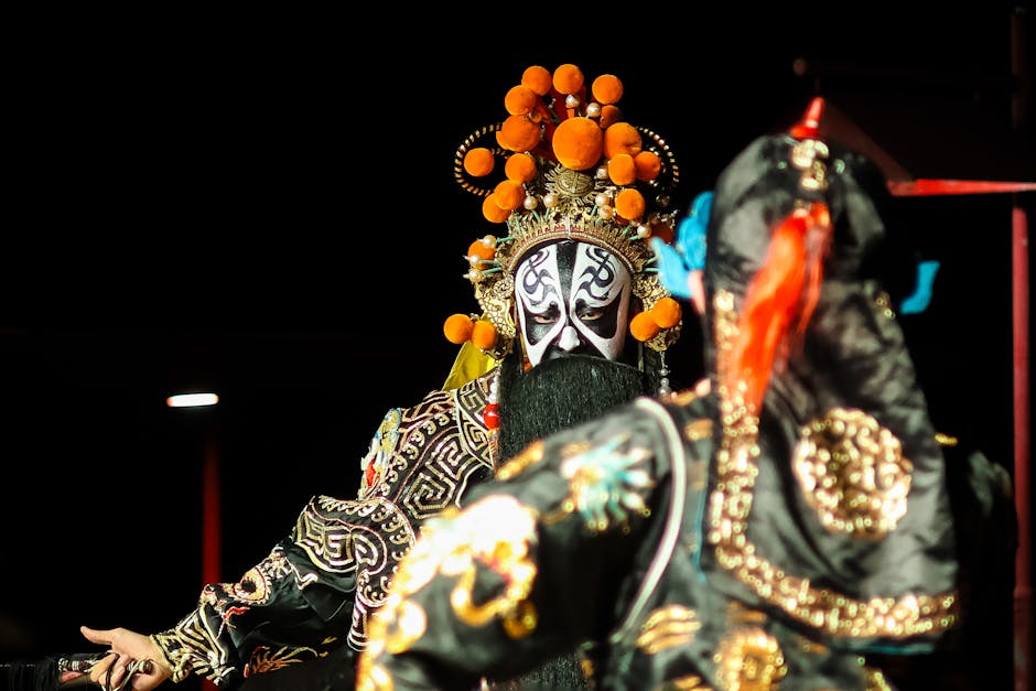 Close-up of traditional Chinese opera mask showing facial expressions