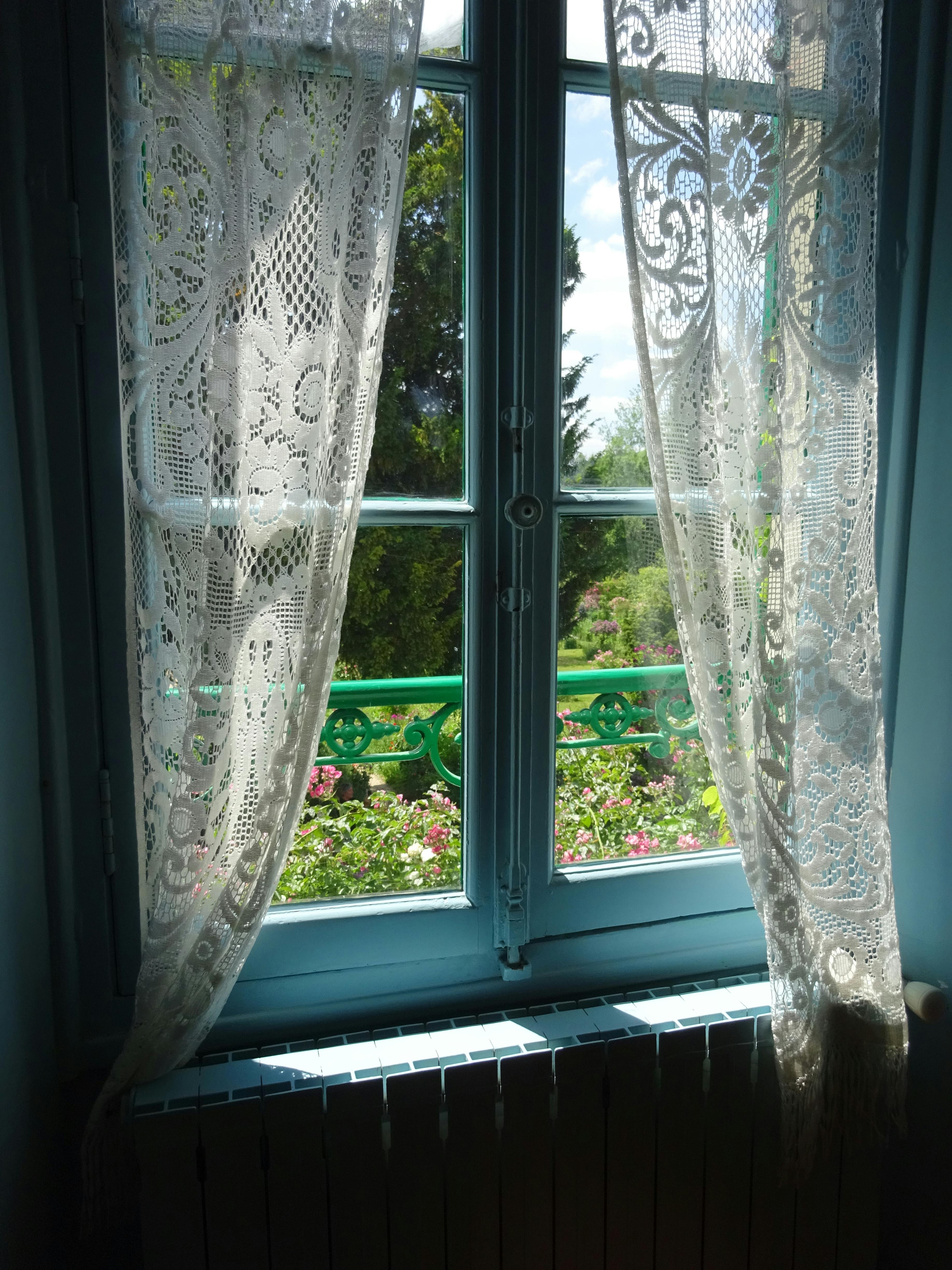 Sunlit view through lace curtains revealing a lush garden outside.