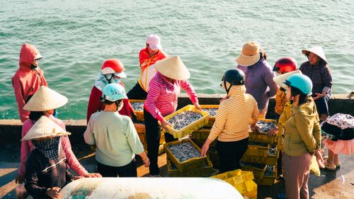 Free Colorful scene of people sorting fish at a vibrant Quy Nhơn market by the sea. Stock Photo